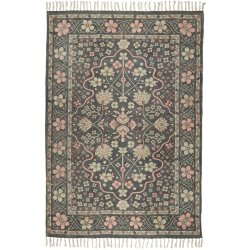 Gulvtppe sort med rosa og lysegrnne blomster