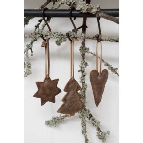 Juletrspynt, hjerte, stjerne og juletr i mrkebrun koskind