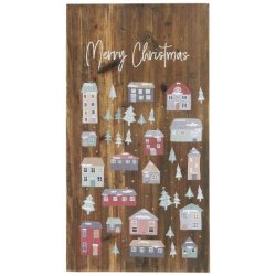 Stort trskilt med julelandsby og tekst